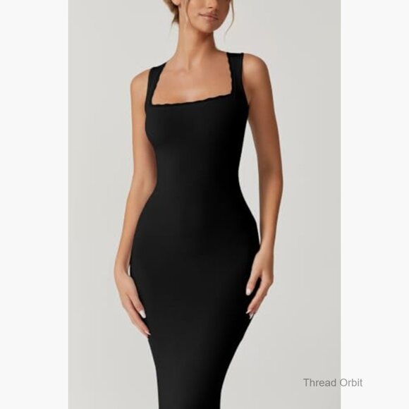 Sleeveless Maxi Dress Square Neck Lace Detail Ribbed Lounge Formal Slim Fit - Picture 2 of 7